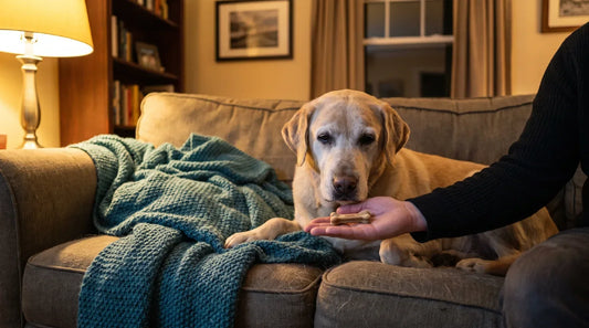 Őszülő idős labrador a nappali kanapén, esti lámpafényben, ahogy egy dentális rágófalatot vesz el egy feléje nyújtott tenyérből.