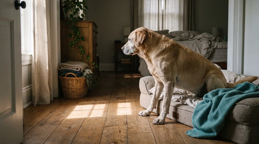 Idős sárga labrador lassan, óvatosan tápászkodik fel a fekhelyéről egy hálószobában a reggeli fényben.